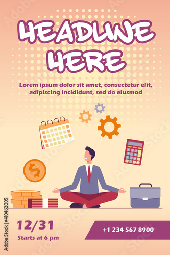 Happy businessman doing yoga at work