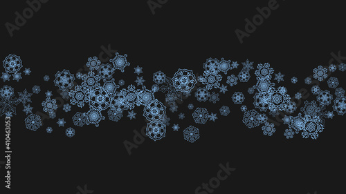 Snowflake border for Christmas and New Year celebration. Holiday snowflake border on black background with sparkles. For banners, gift coupons, vouchers, ads, party events. Horizontal frosty snow.