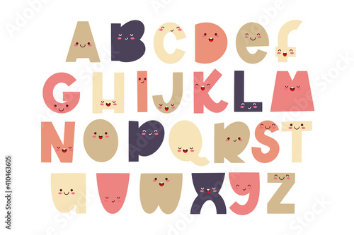 Children font in the cartoon style. Funny letters with cute faces. Colorful typography. Vector alphabet.