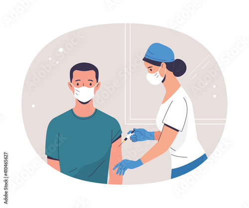 Coronavirus (COVID-19) Vaccination. Vector modern illustration of a young adult man and a doctor with a syringe. Isolated on abstract background