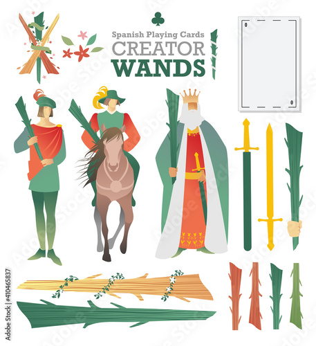 Creator deck of Spanish playing cards. Wands. Symbols and characters of the cards to build a deck