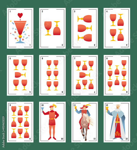 Deck of Spanish playing cards. Cups. From Ace to the figures of the Court