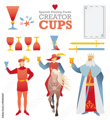 Creator deck of Spanish playing cards. Cups. Symbols and characters of the cards to build a deck