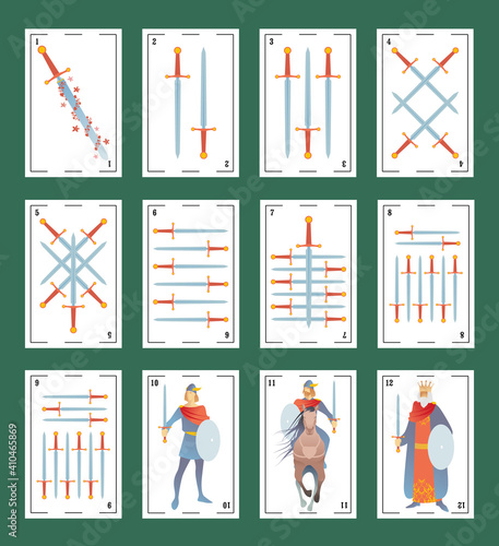 Deck of Spanish playing cards. Swords. From Ace to the figures of the Court