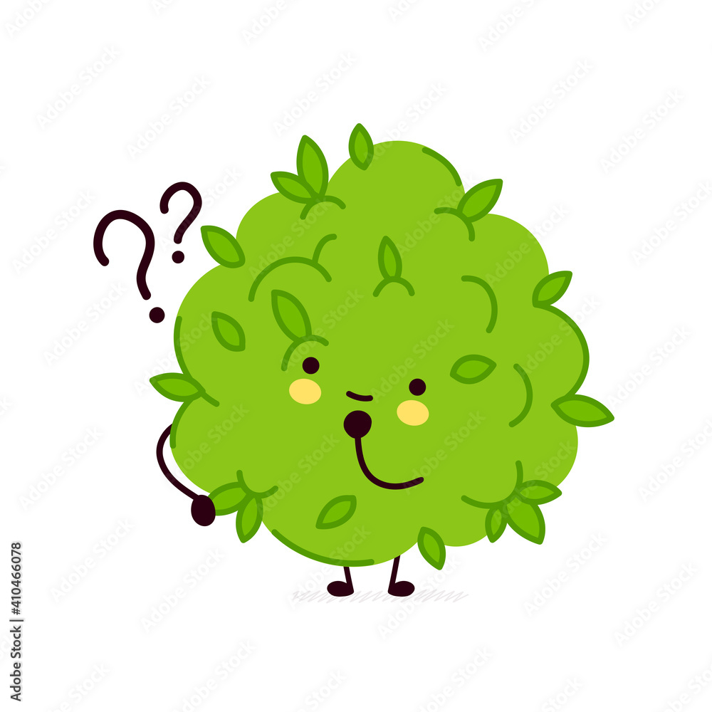 Cute funny marijuana weed bud character with question marks. Vector ...