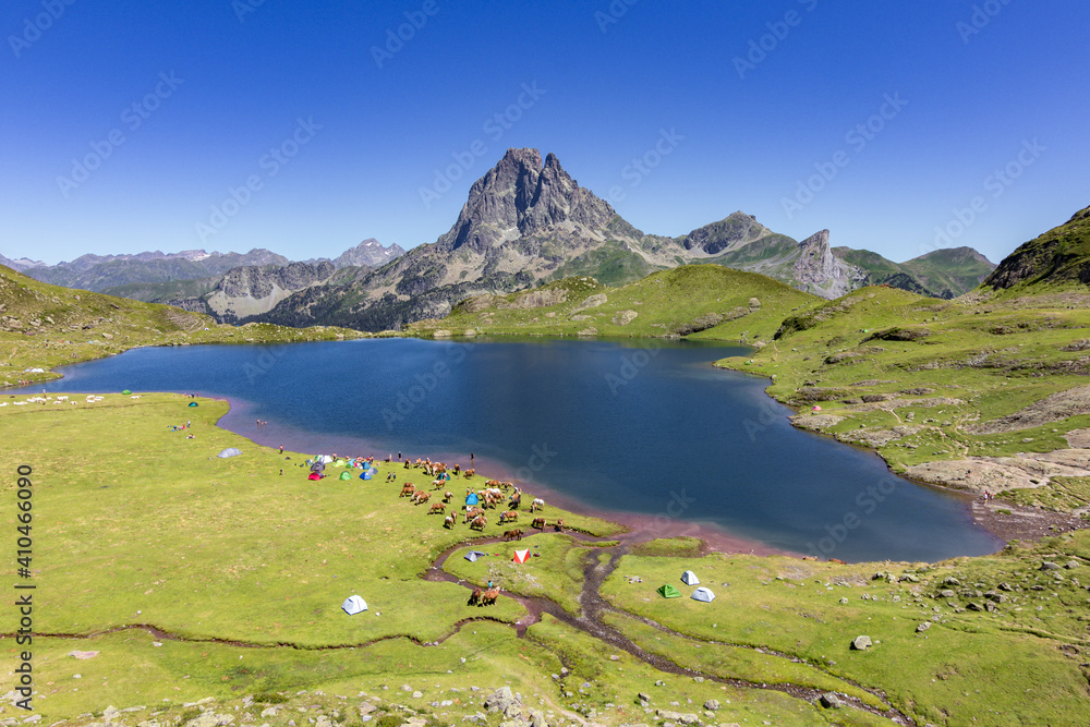 View of Ayous lakes and Midi d'Ossau mountain in the Pyrenees (France)