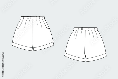 Shorts vector template isolated on a grey background. Female model. Front and back view. Outline fashion technical sketch of clothes model.