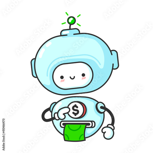 Funny cute robot, chat bot prints money. Vector flat line cartoon kawaii character illustration icon. Isolated on white background. Robot, bot mascot character concept