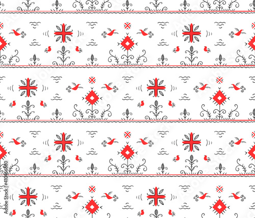 Isolated seamless pattern. Stylized Russian folklore. Red bird under the sun among flowers and grass. Vector for textiles and wrapping paper.