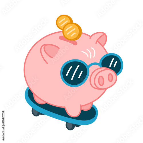 Funny piggy bank in sunglasses on skate. Vector flat line cartoon kawaii character illustration icon. Isolated on white background. Pig bank skateboarder character concept