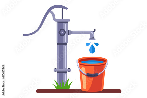 pump a bucket of water from the well. rural water column. flat vector illustration isolated on white background.