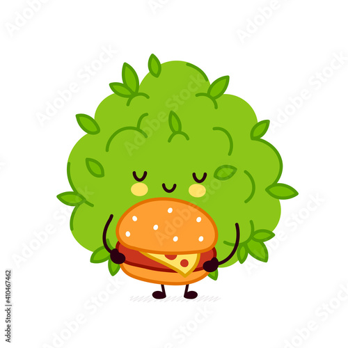 Cute funny marijuana weed bud character with burger. Vector flat line cartoon kawaii character illustration icon. Isolated on white background. Weed face character mascot concept
