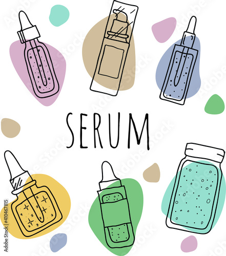 Illustration set of serum. Daily skin care product. Set of serum. Hand drawn colorful images of treatment whey. Beauty daily skin care routine. 