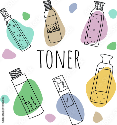 Vector hand drawn set of skin care toner water. Illustration of toner-water set. Hand drawn korea skin care product. Colorful vector of tonic. Beauty daily skin care routine. 