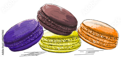 Multicolored macarons, cakes, cookies, dessert, sweets, delicious food. Culinary sketch. Stock vector image, illustration on white background, isolated