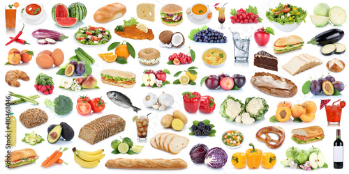 Food and drink collection background collage healthy eating panorama fruits vegetables fruit drinks isolated