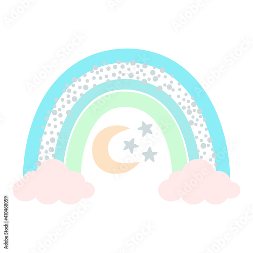 Boho Nursery Rainbow in trendy Scandinavian style, isolated on a white background. Cute hygge illustration for poster, textile, greeting card, kids playroom wall decor. Hand drawn prints and doodle