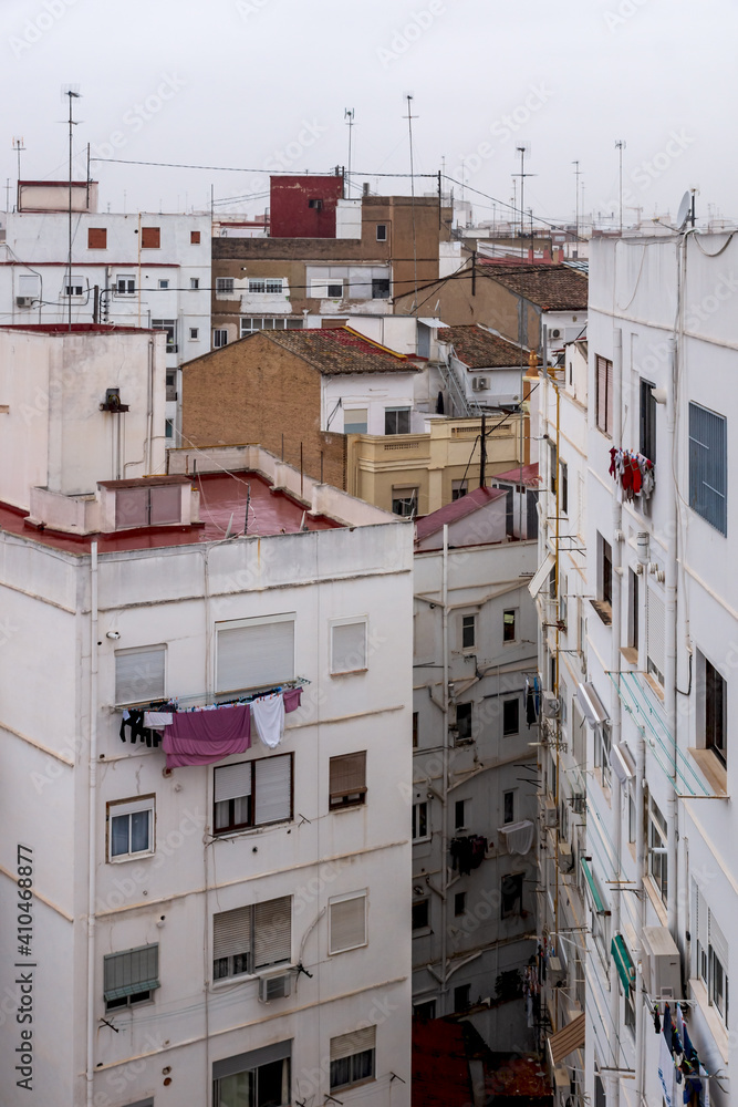 Residential apartement houses overlooking the rooftops in Valencia, Spain