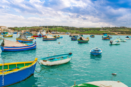 Typical fishing boats at the village of Marsaxlokk on the island of Malta