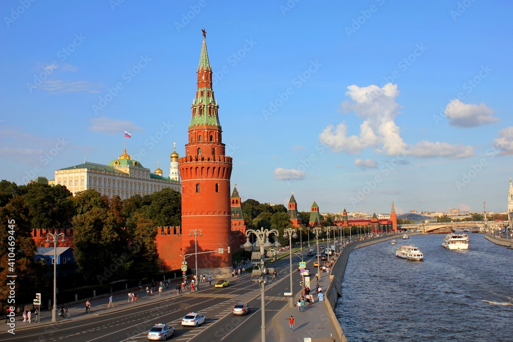View of the Moscow river, blue sky and old buildings.