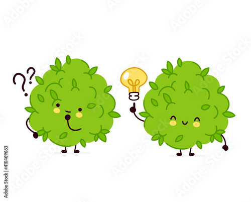 Cute funny marijuana weed bud character with question mark and idea lightbulb. Vector flat line cartoon kawaii character illustration icon. Isolated on white background. Weed face character mascot