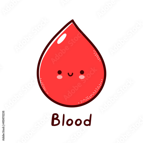 Cute happy funny human blood drop character. Vector flat line cartoon kawaii character illustration icon. Isolated on white background. Blood drop with face character mascot concept