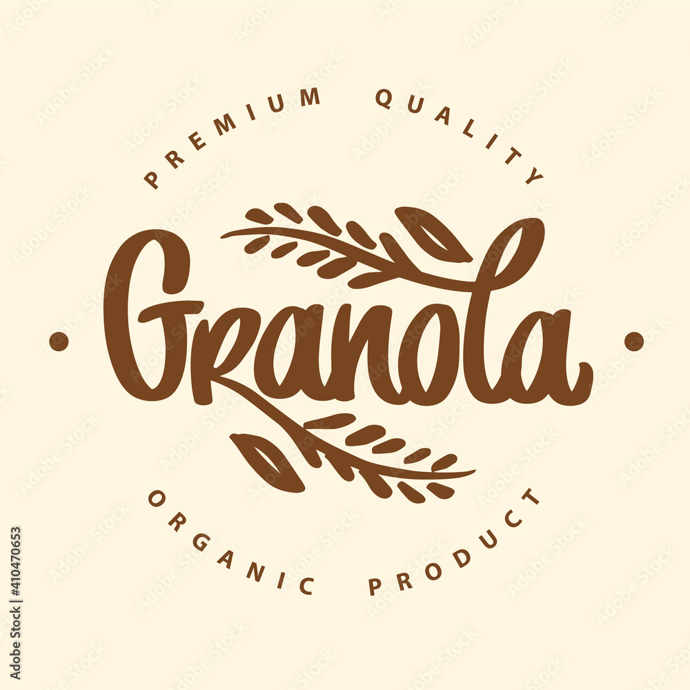 Fototapeta premium Granola organic product logo vector. Handwritten calligraphy. Lettering and spikelets with grains. Healthy food logotype. Emblem of eco breakfast food