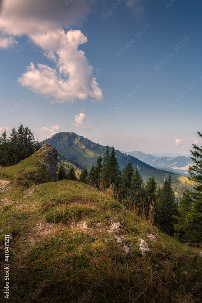 Fototapeta premium Blick vom Steineberg zum Berggipfel Stuiben auf der Nagelfluhkette in den Allgäuer Alpen