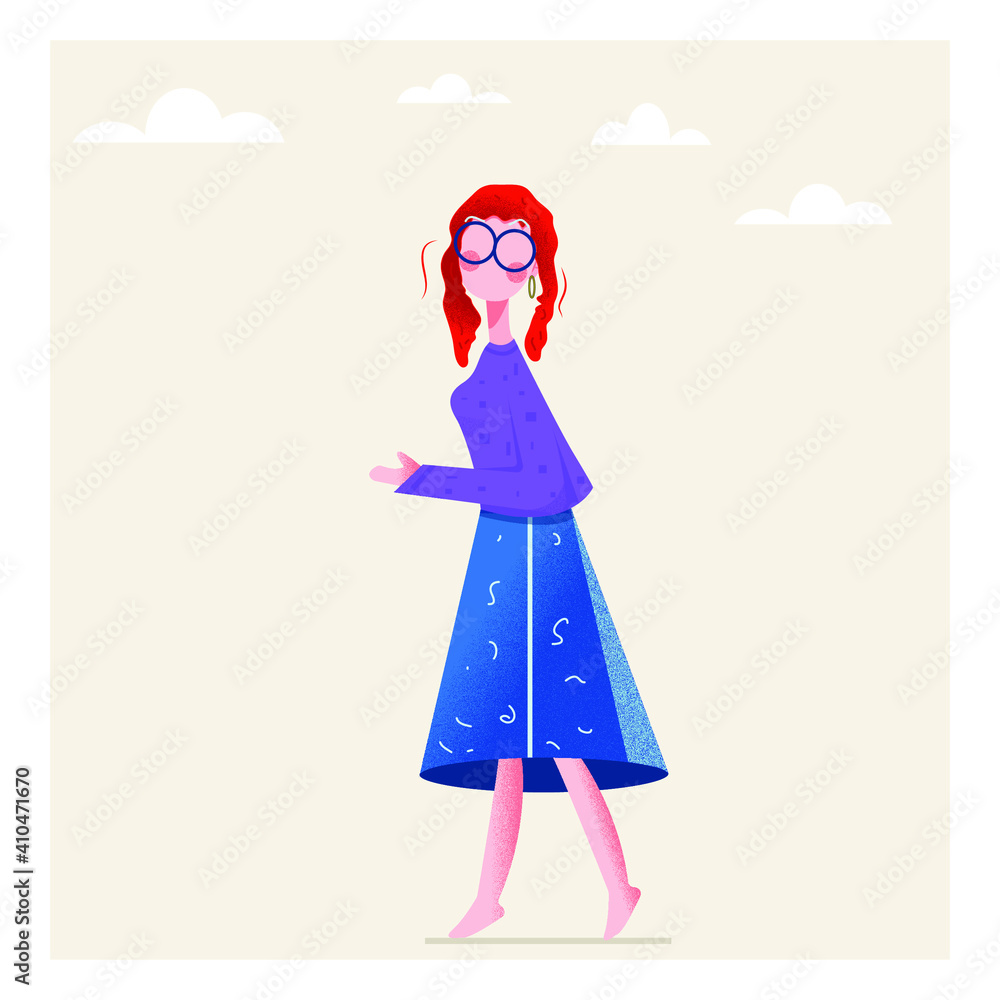 A red-haired girl with glasses, wearing a sweatshirt and a blue skirt, she walks barefoot along the road. Colored illustration on a calm background with clouds. Vector illustration A red-haired girl with glasses, wearing a sweatshirt and a blue skirt, she walks barefoot along the road. Colored illustration on a calm background with clouds. Vector illustration