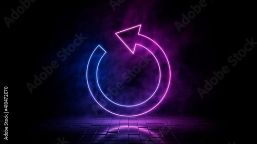 Pink and blue neon light refresh icon. Vibrant colored reload technology symbol, isolated on a black background. 3D Render 