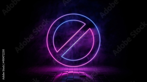 Pink and blue neon light no icon. Vibrant colored prohibition technology symbol, isolated on a black background. 3D Render 