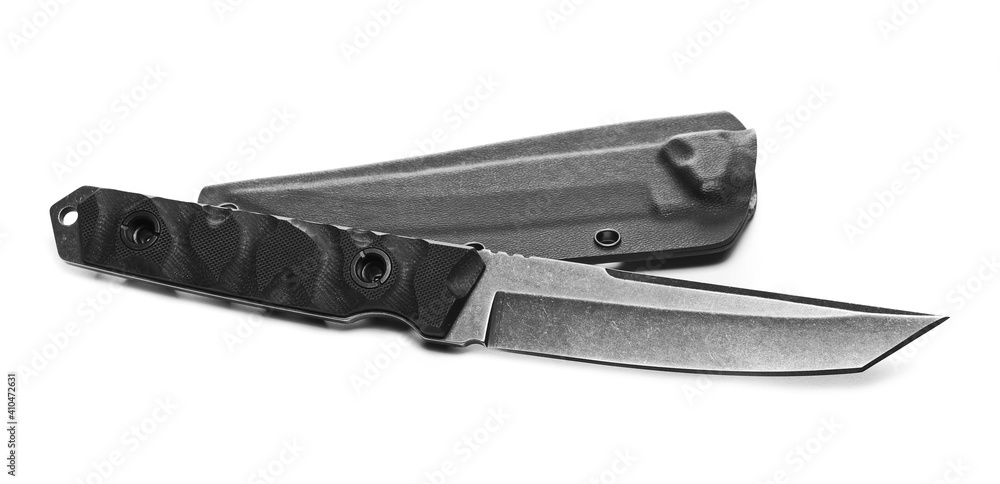 Black military knife and cover isolated on white background Black military knife and cover isolated on white background