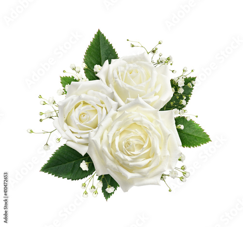 Bouquet of white rose flowers and gypsophila isolated on white