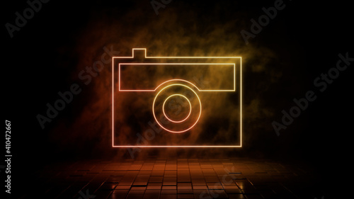 Orange and yellow neon light camera icon. Vibrant colored technology symbol, isolated on a black background. 3D Render  photo