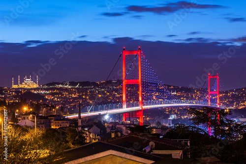 ISTANBUL, TURKEY. Beautiful Istanbul sunrise landscape with Istanbul Bosphorus Bridge, Camlica Mosque and Camlica Tower.