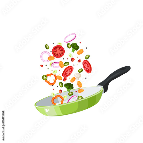 Food preparation. Sliced vegetables in green frying pan. Kitchen utensil. Vector illustration cartoon flat icon isolated on white background.