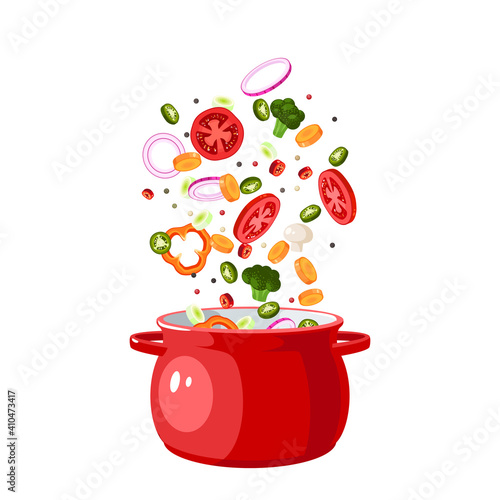 Food preparation. Sliced vegetables in red saucepan. Kitchen utensil. Vector illustration cartoon flat icon isolated on white background.