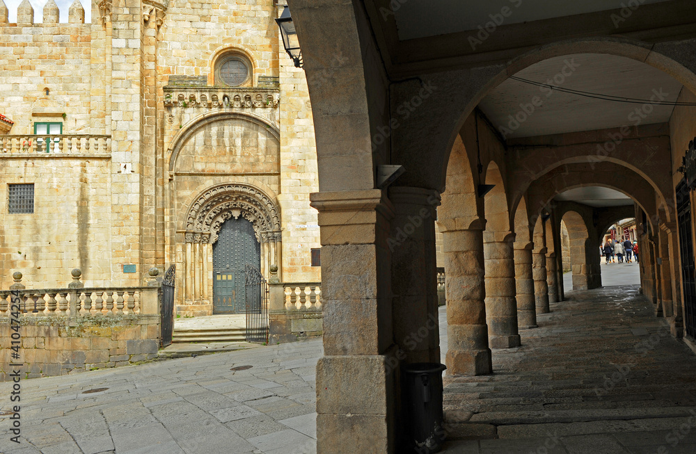 Arches of Plaza do Trigo and Cathedral of San Martin in the city of Ourense Orense, Galicia, Spain 