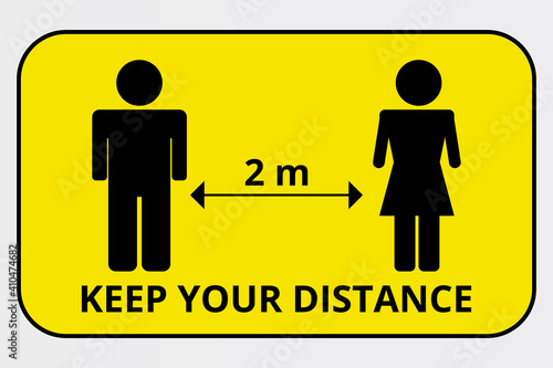 Social distance. Keep a distance of 2 meters, avoid the crowd. Preventive measures to protect yourself. Yellow marking mark for printing.