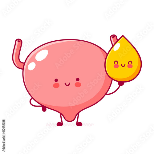 Cute happy funny human bladder organ character with urine drop. Vector flat line cartoon kawaii character illustration icon. Isolated on white background. Bladder with face character mascot concept