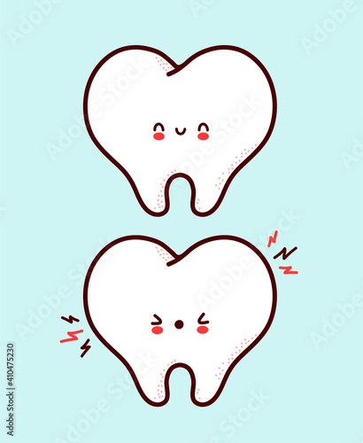 Cute healthy and sick sad funny human tooth character. Vector flat line cartoon kawaii character illustration icon. Isolated on white background. Teeth with face character mascot concept