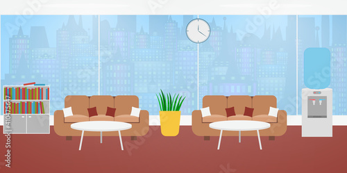 Coworking office interior concept. Sofa with pillows, windows to view on megapolis, flower,workplace desk,bookcase,cooler,clock. Flat design. Coworking Center. Stock vector illustration. 