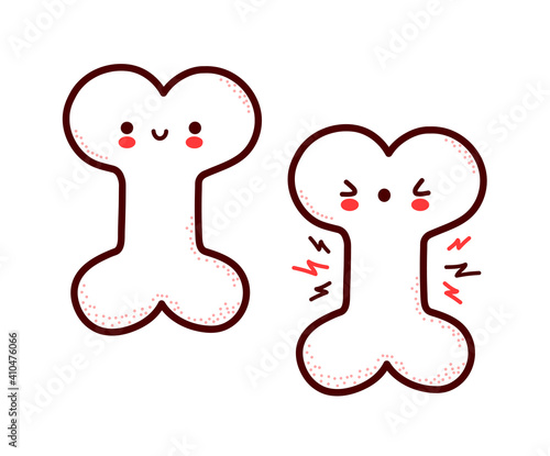 Cute healthy and sick sad funny human bone organ character. Vector flat line cartoon kawaii character illustration icon. Isolated on white background. Bone with face character mascot concept