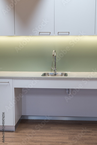 Modern kitchen interior sink with shallow depth for wheelchair access.