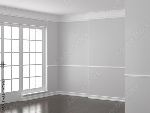 Empty living room design. Light walls and ceiling and dark floor