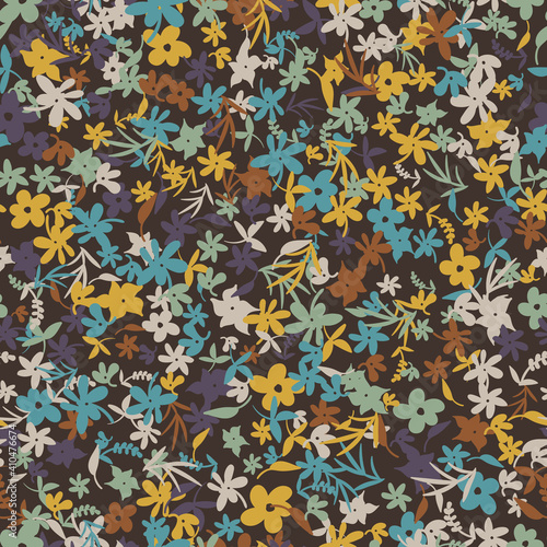 Ditsy floral seamless vector pattern on brown background. Botanical surface print design for fabrics, stationery, scrapbook paper, gift wrap, textiles, and packaging.