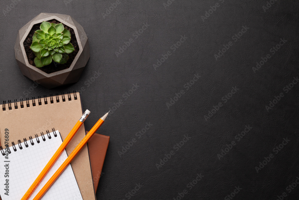Office desk with supplies and potted plant - obrazy, fototapety, plakaty 
