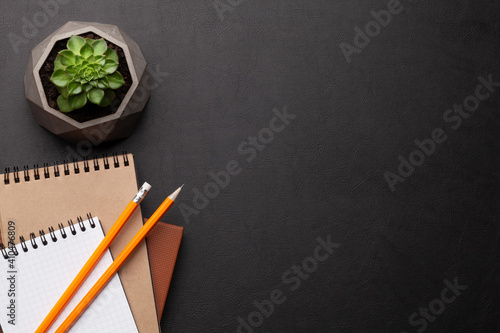 Office desk with supplies and potted plant photo