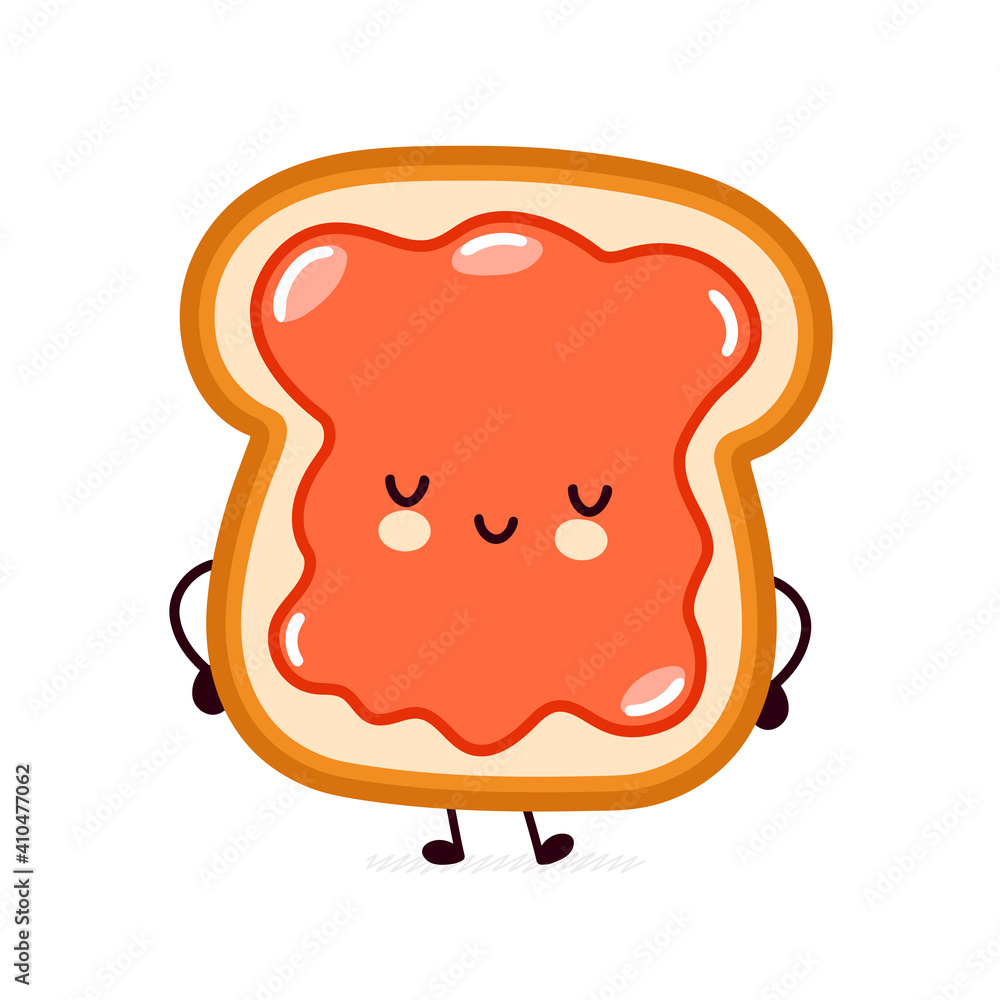 Cute funny happy bread toast with jam character. Vector flat line cartoon kawaii character illustration icon. Isolated on white background. Toast with face character mascot concept Cute funny happy bread toast with jam character. Vector flat line cartoon kawaii character illustration icon. Isolated on white background. Toast with face character mascot concept
