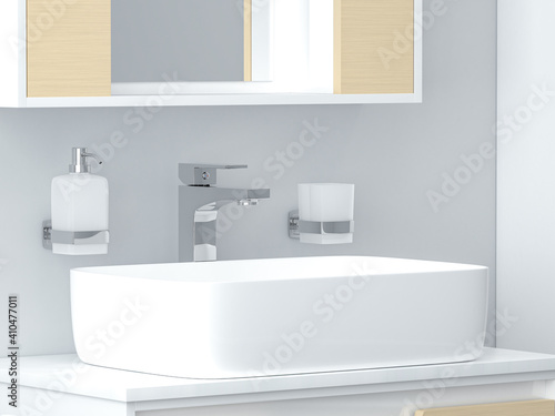 Modern bathroom interior. White sink with faucet with accessories - soap dispenser and tooth brush glass